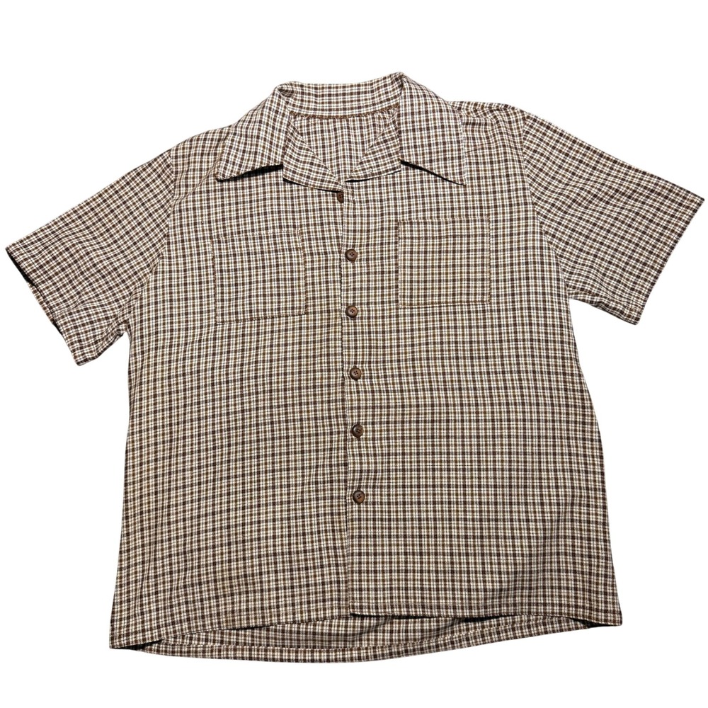 Vintage 70s Brown Plaid Camp Collar Short Sleeve Button Down Shirt Boxy Fit XL